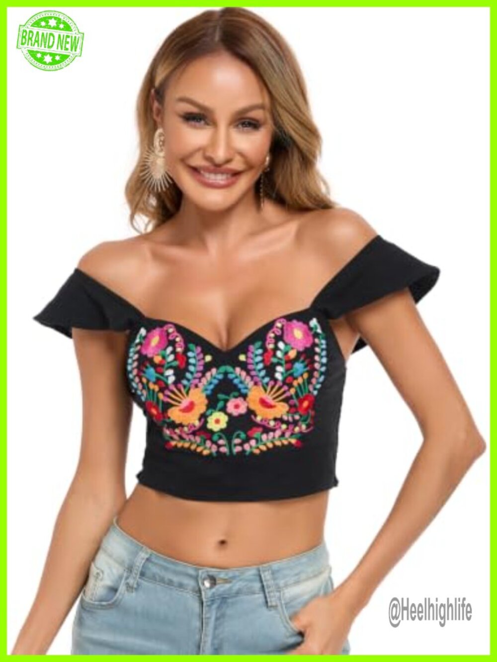 Embroidered Floral Boho Crop Tank Top Smocked Back Cotton Sleeveless